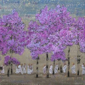 Dancers under cherry blossom, Acrylic on tarpaulin, 60in x 198in, 2019