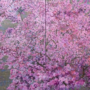 Monks under cherry blossom, Acrylic on tarpaulin, 60in x 132in, 2020